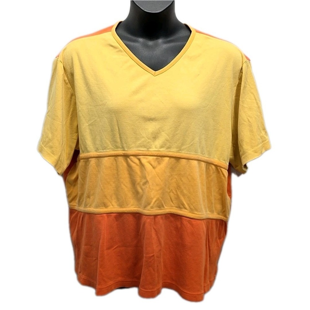 Vintage Y2K Main Street Colorblock V Neck Top Yellow Orange Casual T Shirt sz 2X